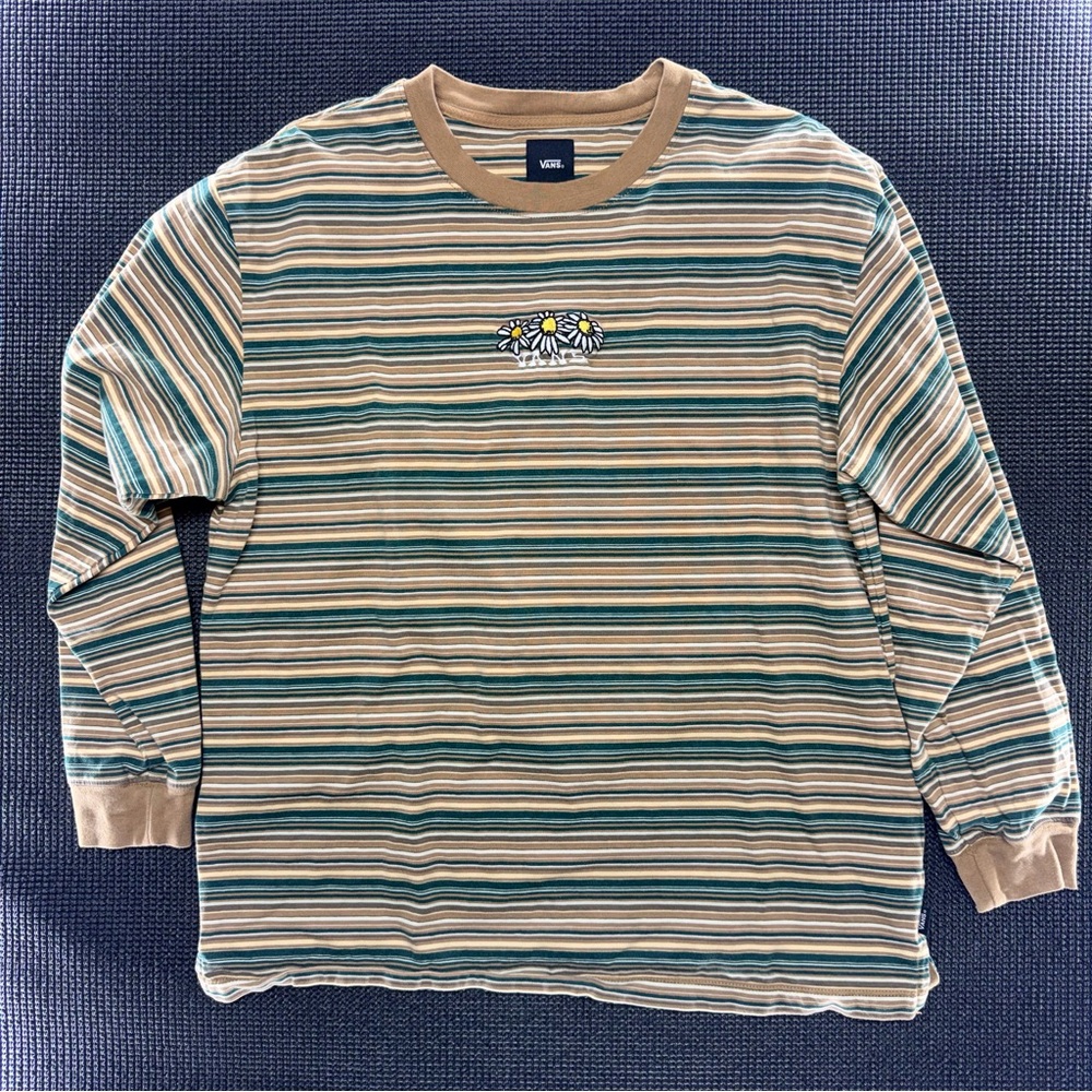Vans Tan, Green & Blue Striped Long Sleeve Tee with Daisy Embroidery